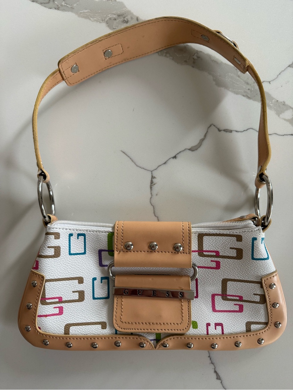 Vintage Guess Multicolor Monogram Shoulder Bag Y2K Logo Print Baguette
